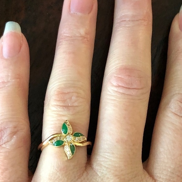 Sterling Silver Green Enamel Flower Ring - Size 6, Gold Tone with CZ Diamond - Picture 6 of 8